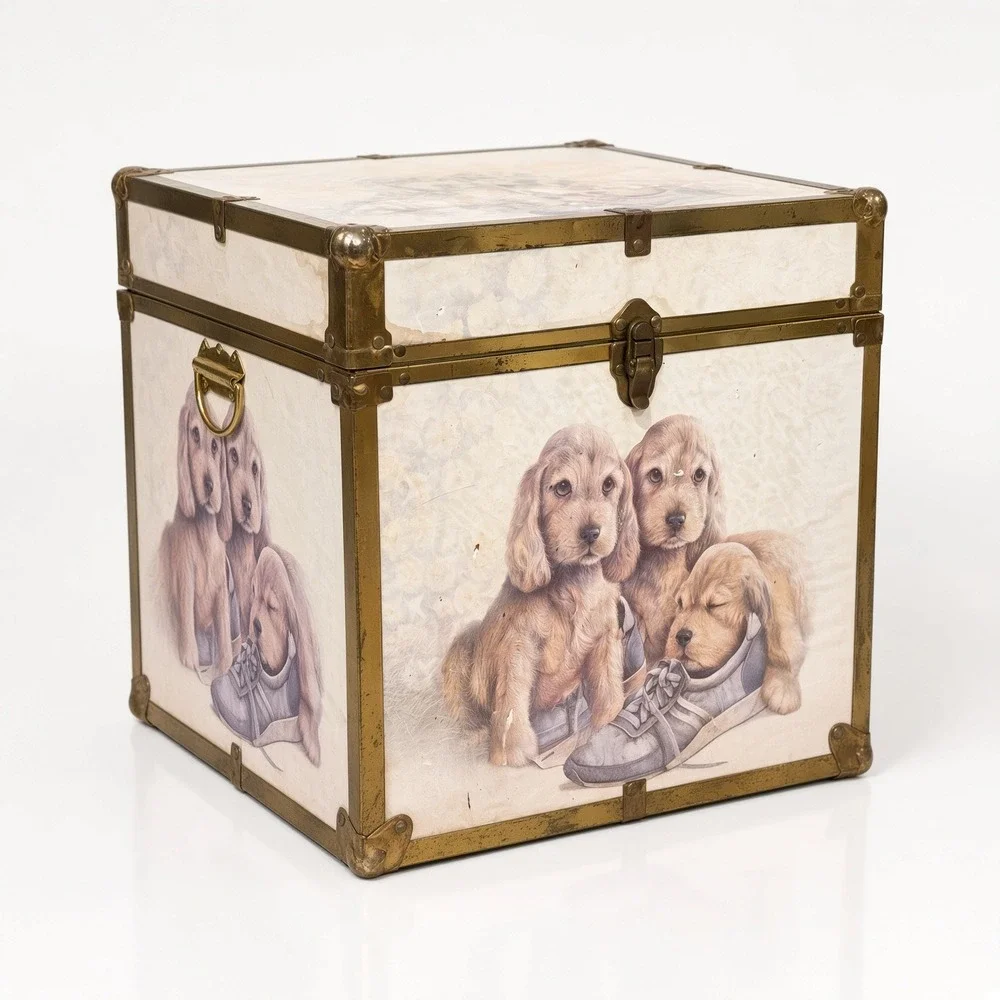 Vintage Seward 3 Hound Puppies On Shoes Box Trunk Wood Brass Crate 80s Retro